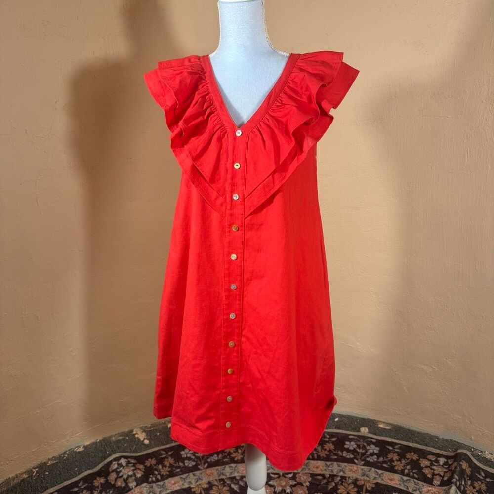 Pinch Red Linen-Blend Ruffle Mini Dress – Button Front | V-Neck | Size L